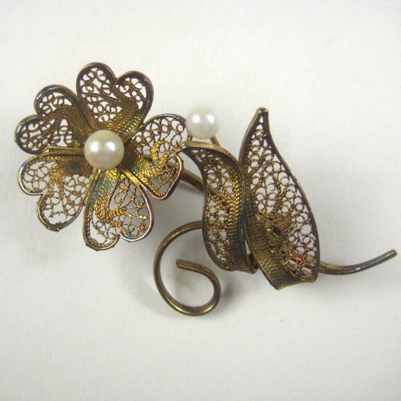 Flower Spray Brooch Pin Goldone Vintage 2.2 inch Estate Imitation Pearl Filigree - Picture 1 of 5